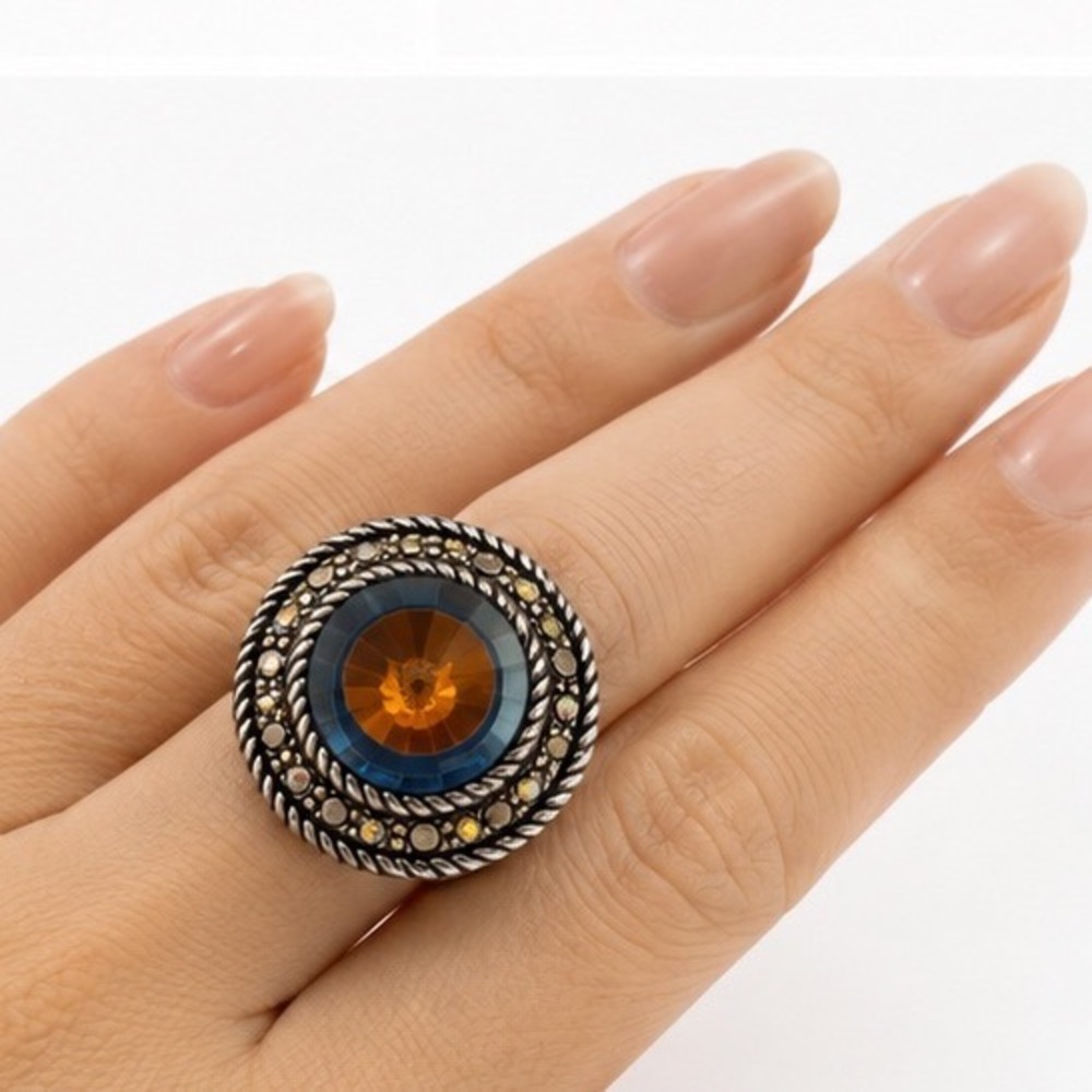 Vintage Blue Honey Carmel Glass Pyramid Ring Silver Tone Faceted Adjustable - Picture 6 of 10